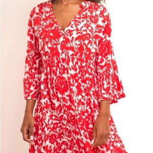 AFF Red and White Floral V-Neck Tunic